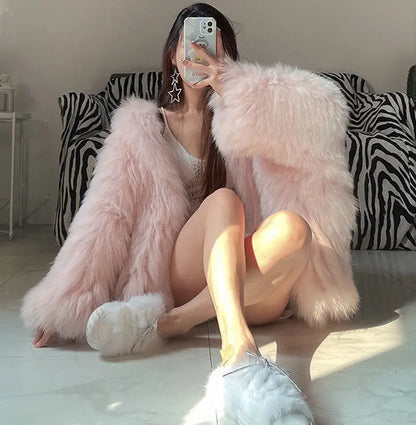 Faux Fur Jackets for Women Autumn Winter Short Bat Maxi Hooded Coats Warm Thick Coat Loose Open Stitch Jacket Y2k Streetwear Good Vibrations