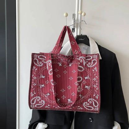 Women Paisley Print Quilted Tote Bag Large Capacity Casual Shoulder Handbag Vintage Bandana Pattern Commuter Shopping Bag Good Vibrations