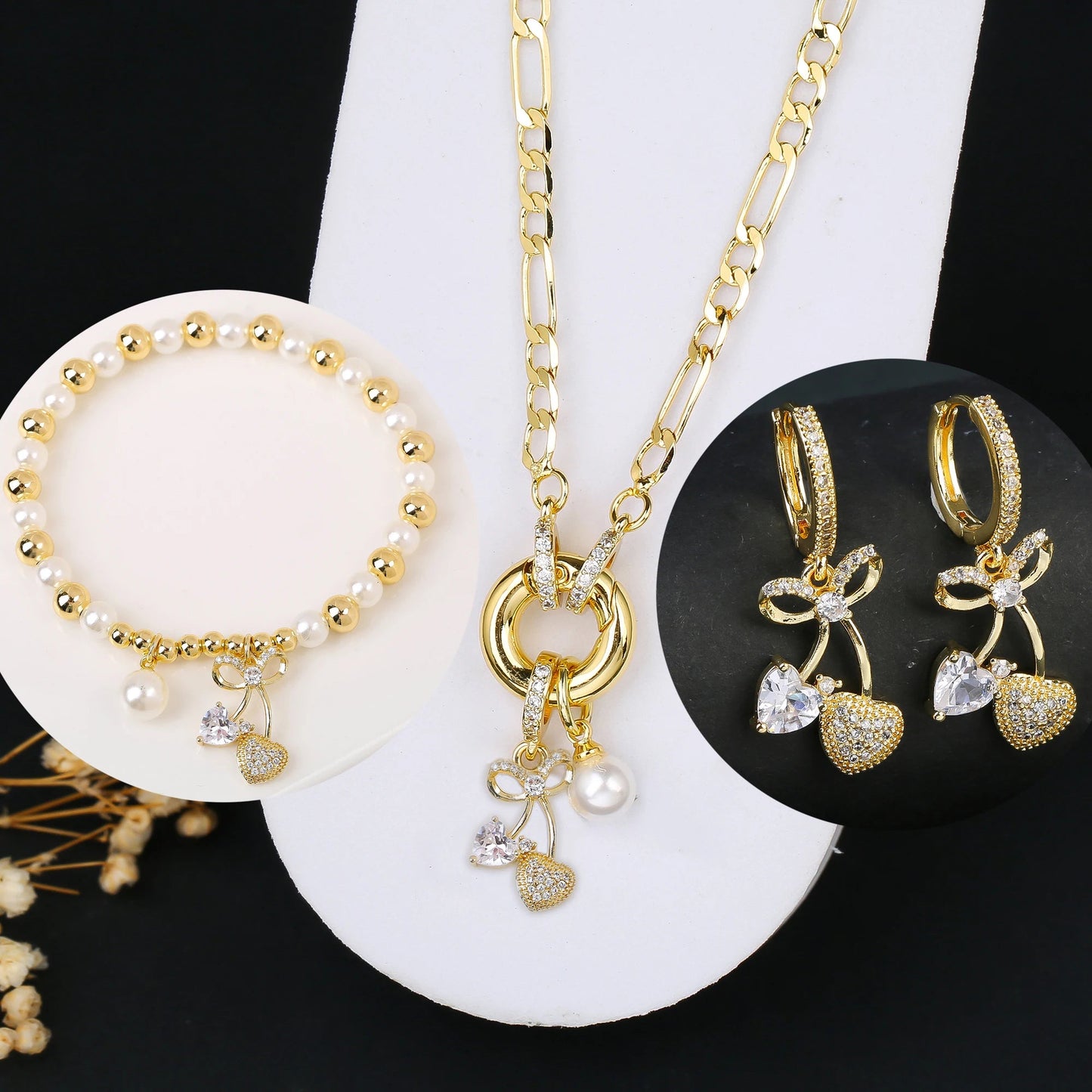 3pcs Hot Sale Shiny Zirconia Crystal Cherry Necklace Bracelet Earrings Jewelry Set Fashion for Woman Girl Wedding Lucky Jewelry Good Vibrations Adult Super Store
