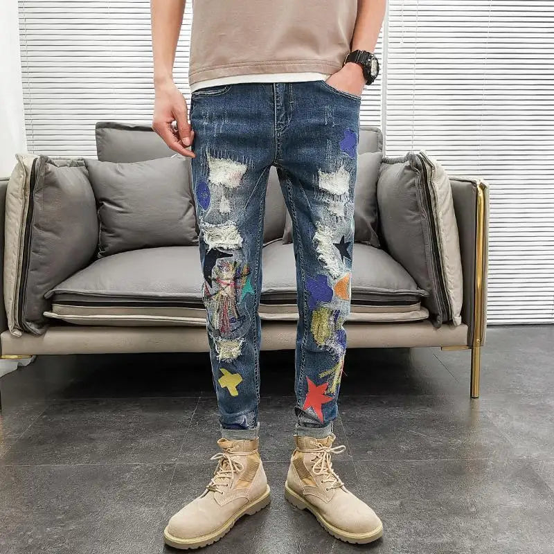 Graphic Men's Jeans Tapered Man Cowboy Pants Ripped with Print Torn Slim Fit Trousers Korean Fashion Retro Broken Harajuku Xs XL Good Vibrations