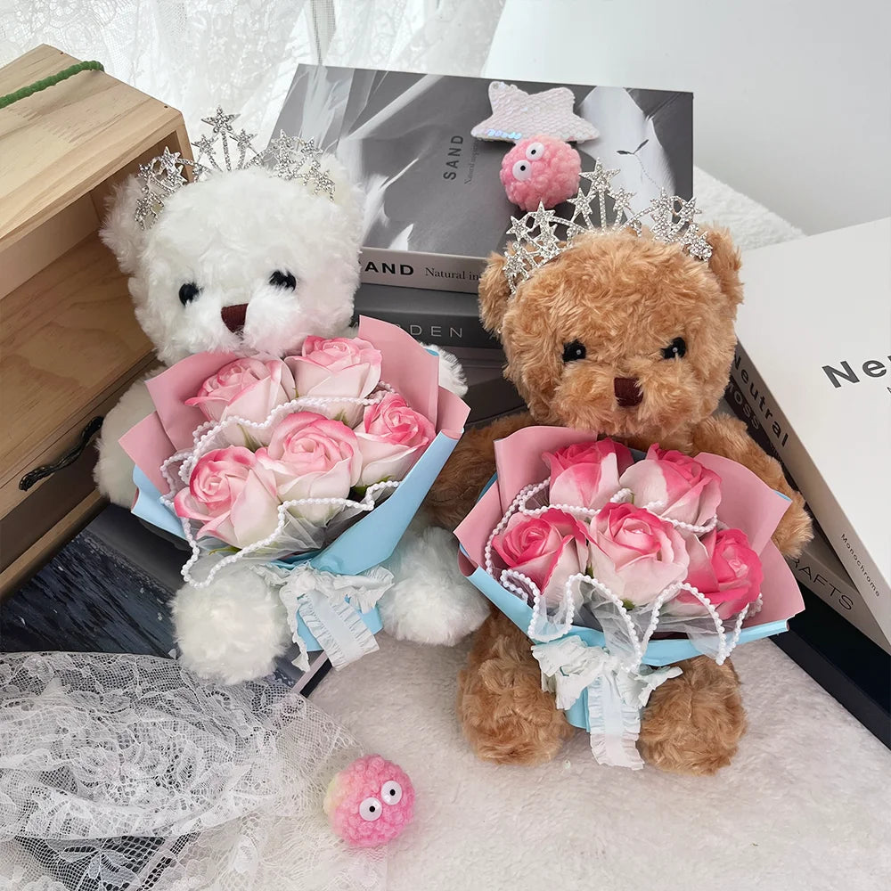 1pcs Plush Bear Rose Flower Bouquet Gift Box Luxury Artificial Soap Flowers Wedding Birthday Christmas New Year Party Decor Prop Good Vibrations