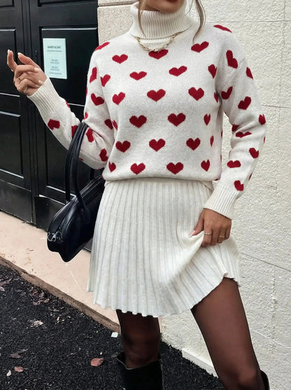 Women's Two-Piece Knit Set: Long-Sleeve Turtleneck Pullover and High-Waisted Pleated Mini Skirt – Elegant Autumn/Winter Outfit Good Vibrations