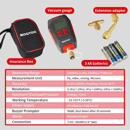 RV-VG90 Digital Vacuum Gauge, HVAC Micron Vacuum Gauge Tester, Digital Vacuum Micron Gauge Set with Buzzer Alarm Good Vibrations