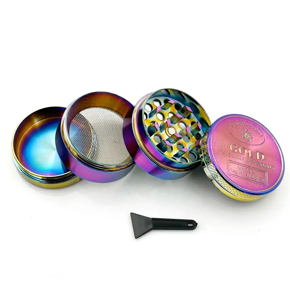 Gold herb grinder with 4 parts, 40mm size, made from zinc alloy, ideal for tobacco and herbal use.