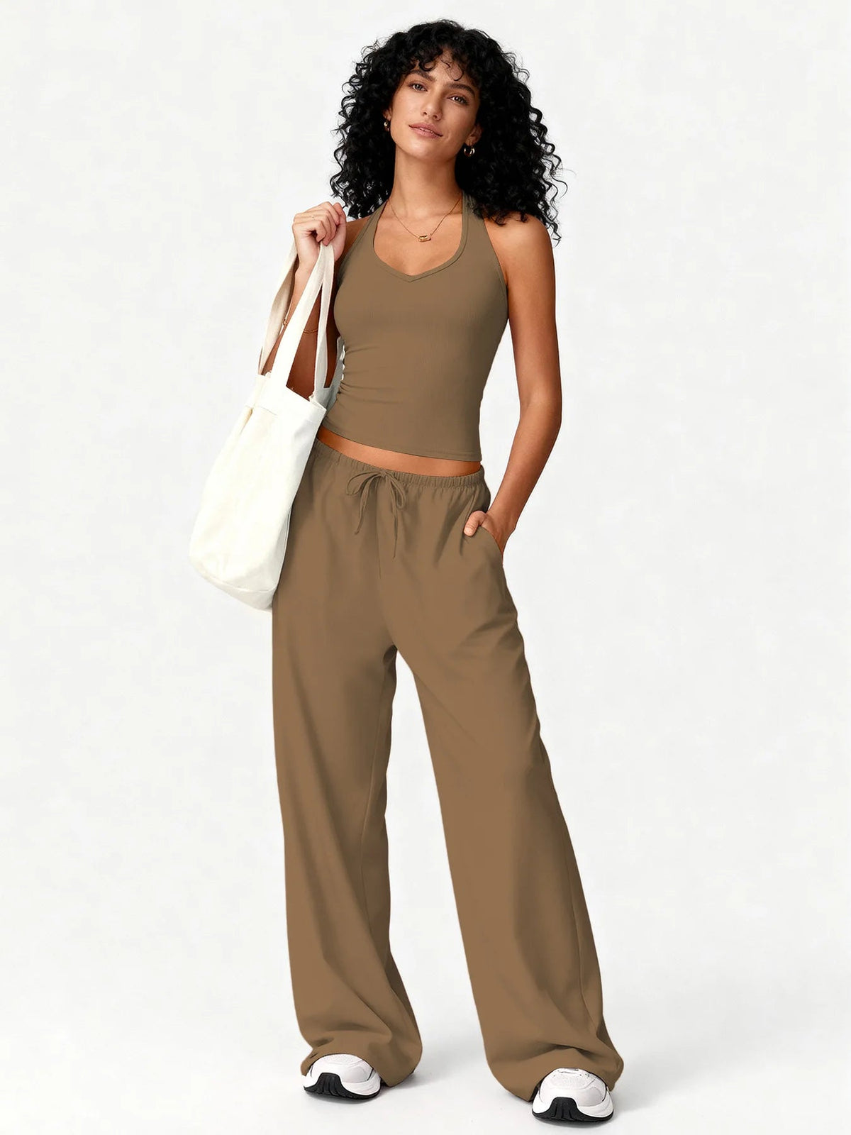 Women 2 Piece Yoga Outfit Ribbed Halter Crop Tank Top Drawstring Wide Leg Pants Set Casual Workout Gym Loungewear Tracksuit Good Vibrations