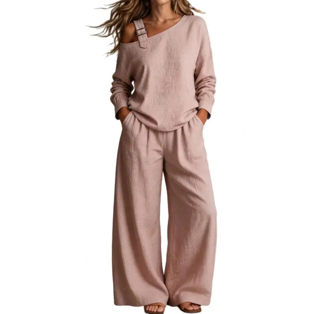 Women Two Piece Matching Set for Fall Off-Shoulder Long Sleeve Top & High Waisted Wide Leg Pants Loose Shirt Trouser Lounge Set Good Vibrations