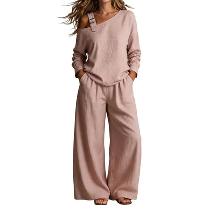 Women Two Piece Matching Set for Fall Off-Shoulder Long Sleeve Top & High Waisted Wide Leg Pants Loose Shirt Trouser Lounge Set Good Vibrations