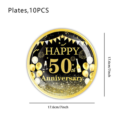 Happy 50th birthday party table supplies, black and gold theme, napkins, 7inch paper cups, tablecloth, plates,  party decoration Good Vibrations