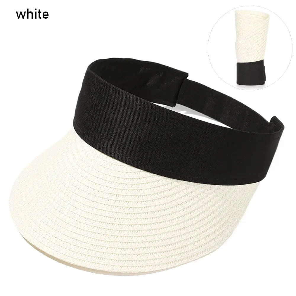 Foldable Portable Beach Hat Wide Brim Sun Hat Roll-up Summer Casual Straw Cap Visors For Women Good Vibrations
