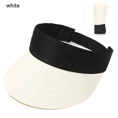 Foldable Portable Beach Hat Wide Brim Sun Hat Roll-up Summer Casual Straw Cap Visors For Women Good Vibrations