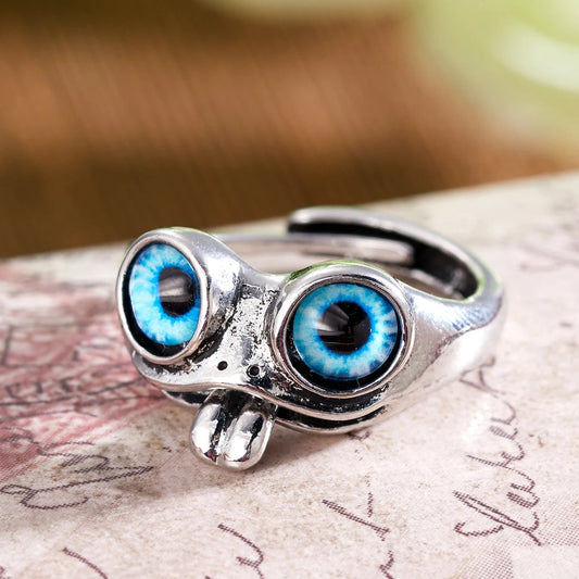 Funny Tongue Out Frog Animal Rings For Men Women Vintage Green Blue Eyes Silver Plated Opening Ring Goth Fashion Party Jewelry Good Vibrations