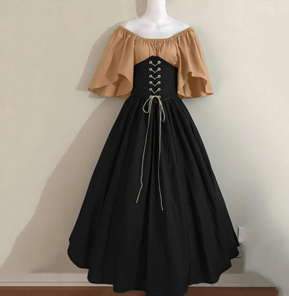 Halloween Costumes for Women Medieval Retro Contrasting Color Slim Swing Dress One-word Shoulder Dress Love Live Cosplay Good Vibrations