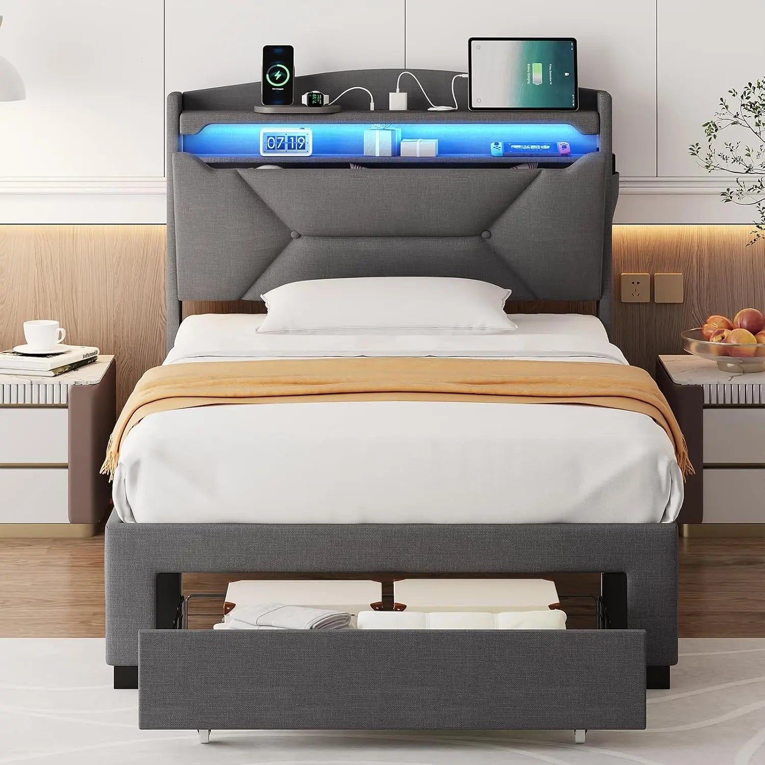 Frames with Storage Headboard, Upholstered Twin Size Bed Frame with Drawers, Charging Station and LED Good Vibrations