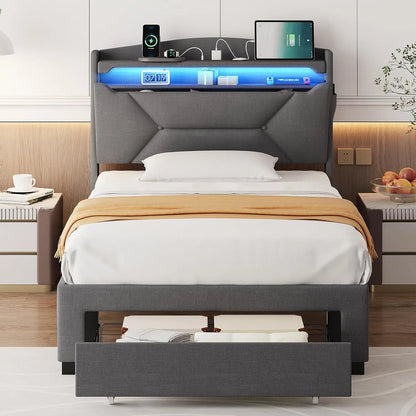Frames with Storage Headboard, Upholstered Twin Size Bed Frame with Drawers, Charging Station and LED Good Vibrations