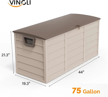 75 Gallon Outdoor Storage Box, Lockable Plastic Storage Containers with Lid, Patio Deck Box Furniture for Garden, Pool, Balcony, Good Vibrations