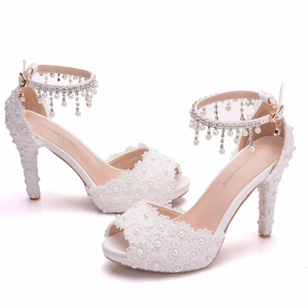 Women High Heel Shoes for Female Pointed Fashion Sandals Lace Pearl Platform PU 10CM Thin Heels Peep Toe Dress Woman Shoes Good Vibrations