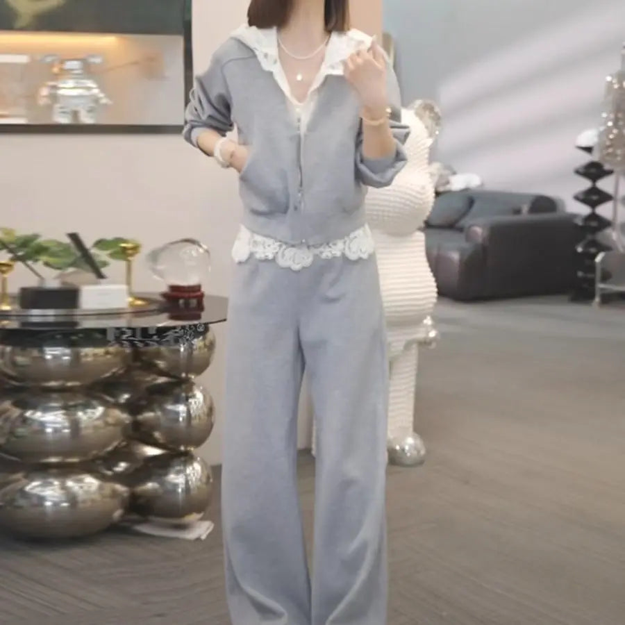 Women's Suit 2025 High-end Splicing Lace Hooded Sweater + Casual Pants Two-piece Set Good Vibrations