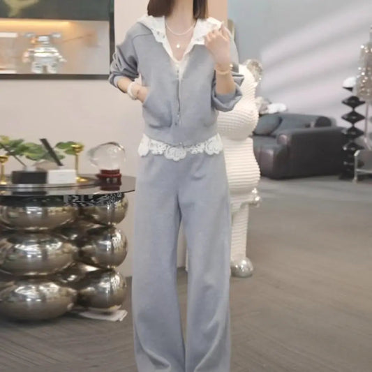 Women's Suit 2025 High-end Splicing Lace Hooded Sweater + Casual Pants Two-piece Set Good Vibrations