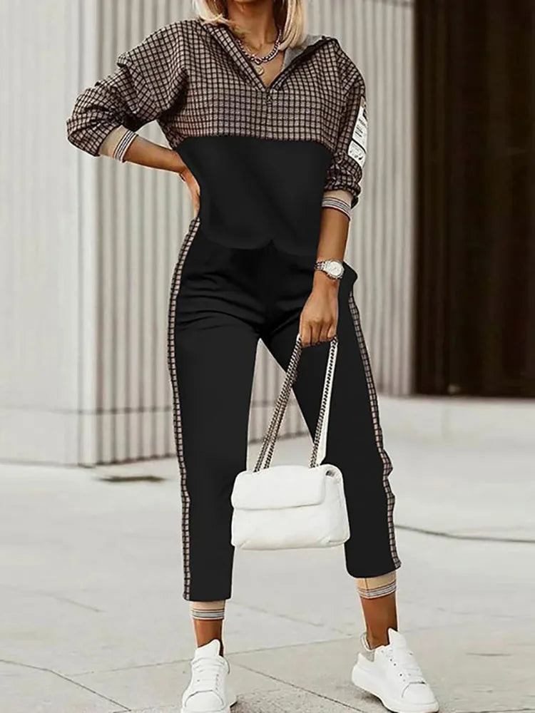 Spring Autumn Lady Casual Long Pants Suit Women Patchwork Zip Top Print Trousers Set Loose High Waist Pants Two Piece Set Outfit Good Vibrations