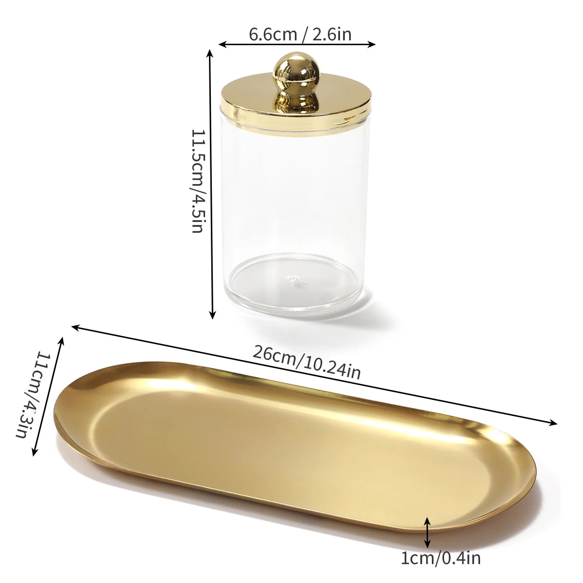 2/3 Pack Qtip Holder Bathroom Set with Golden Tray Organizer Acrylic Plastic Apothecary Jars Qtip Dispenser Canister with Lid Good Vibrations