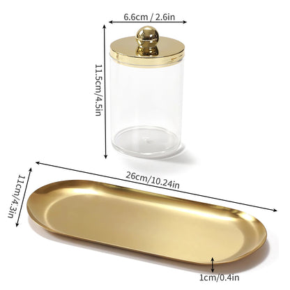 2/3 Pack Qtip Holder Bathroom Set with Golden Tray Organizer Acrylic Plastic Apothecary Jars Qtip Dispenser Canister with Lid Good Vibrations