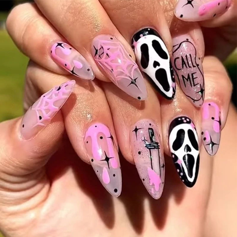 Halloween Acrylic Press On Nails Almond Shape Fake Nails Short Full Cover Glue On Nails Halloween Stick On Nails Cute Ghost Pump Good Vibrations