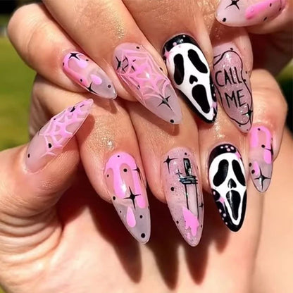 Halloween Acrylic Press On Nails Almond Shape Fake Nails Short Full Cover Glue On Nails Halloween Stick On Nails Cute Ghost Pump Good Vibrations