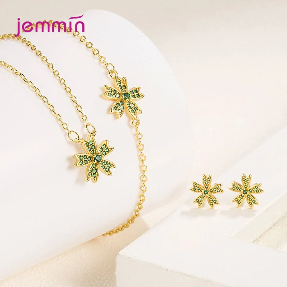 Charm 925 Sterling Silver Jewelry Sets Shiny Cherry Blossoms Cubic Zircon Necklace Earrings Bracelet for Women Girls Party Gift Good Vibrations