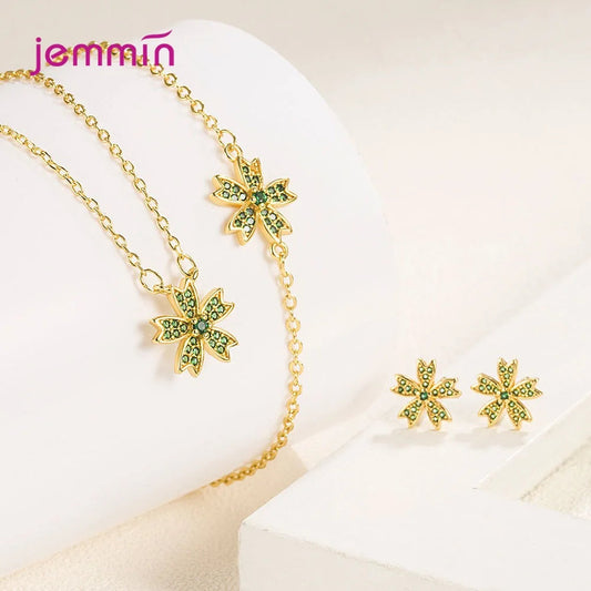 Charm 925 Sterling Silver Jewelry Sets Shiny Cherry Blossoms Cubic Zircon Necklace Earrings Bracelet for Women Girls Party Gift Good Vibrations