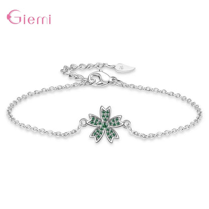 Charm 925 Sterling Silver Jewelry Sets Shiny Cherry Blossoms Cubic Zircon Necklace Earrings Bracelet for Women Girls Party Gift Good Vibrations
