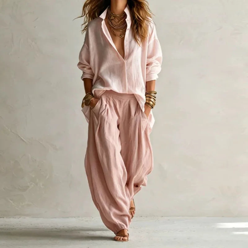 Vintage Two Piece Sets Women Loose Turn Down Collar Blouse High Waist Pocket Wide Leg Trousers Outfits Casual Travel Beach Suits Good Vibrations