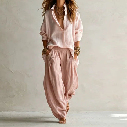 Vintage Two Piece Sets Women Loose Turn Down Collar Blouse High Waist Pocket Wide Leg Trousers Outfits Casual Travel Beach Suits Good Vibrations