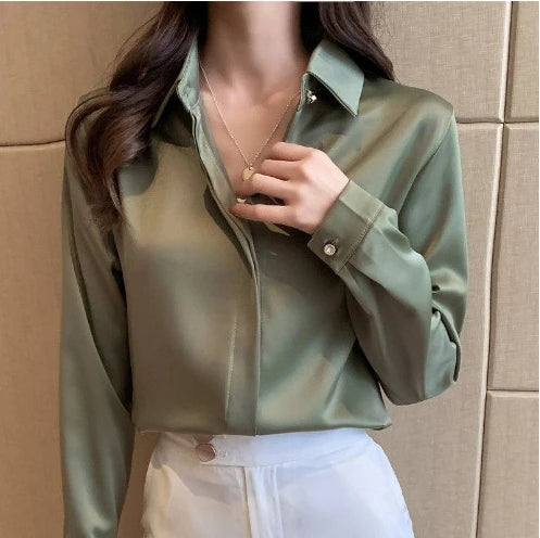 Red Women Shirt New Korean Fashion Women Clothing OL Satin Blouse for Women Long Sleeved Women's Shirt Basic Elegant Women Tops Good Vibrations