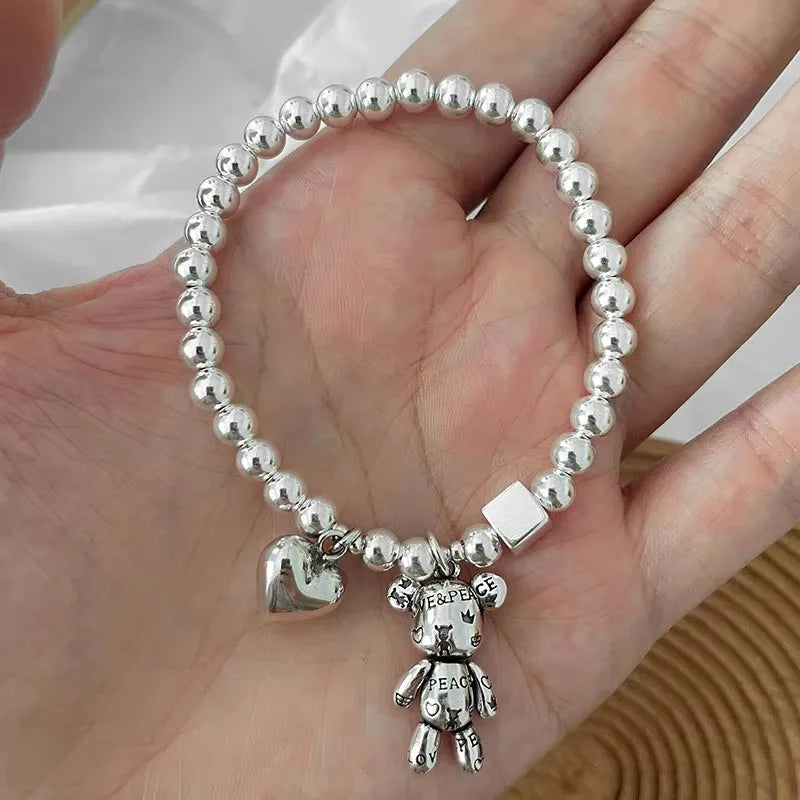 925 Sterling Silver Bracelets for Women String of Beads Accessories Trend Vintage Simple Cute Bear Pendant Party Jewelry Good Vibrations