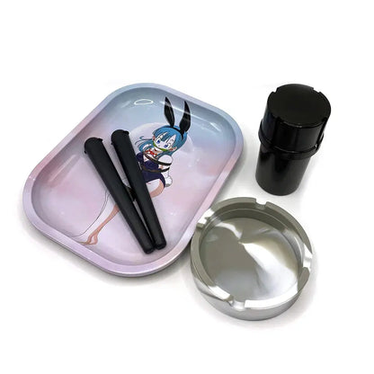 Cigarette plastic herb grinder set with metal rolling tray and silicone ashtray.