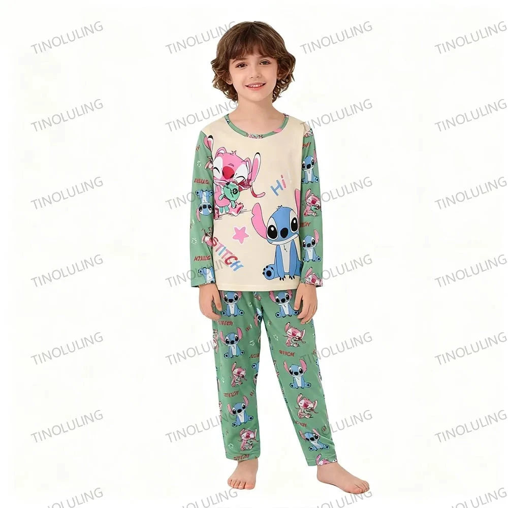 Children's Cartoon Stitch Pajamas Sets Boys Pijamas Girls Mickey Hello Kitty Sleepwear Comfortable Long Sleeve Nightwear Pjs Good Vibrations