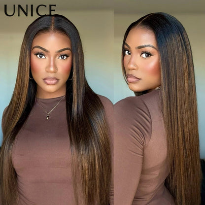 UNice 13x4 Pre-Everything™ Lace Frontal Balayage Highlights Yaki Straight Wig With Drawstring Pre Cut Pre Bleached Glueless Wig Good Vibrations