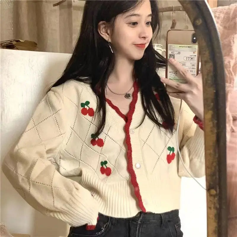 New Fashion Spring Autumn V-neck Long Sleeve Knitting Cardigan Women Casual Loose Button Floral Hollow Out All-match Tops Good Vibrations