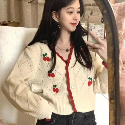 New Fashion Spring Autumn V-neck Long Sleeve Knitting Cardigan Women Casual Loose Button Floral Hollow Out All-match Tops Good Vibrations