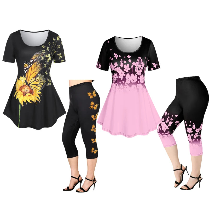 ROSEGAL Plus Size 3D Printed Outfit Female Colorblock Suit Floral Graphic Tee And Capri Leggings Size Is Too Large Matching Set Good Vibrations