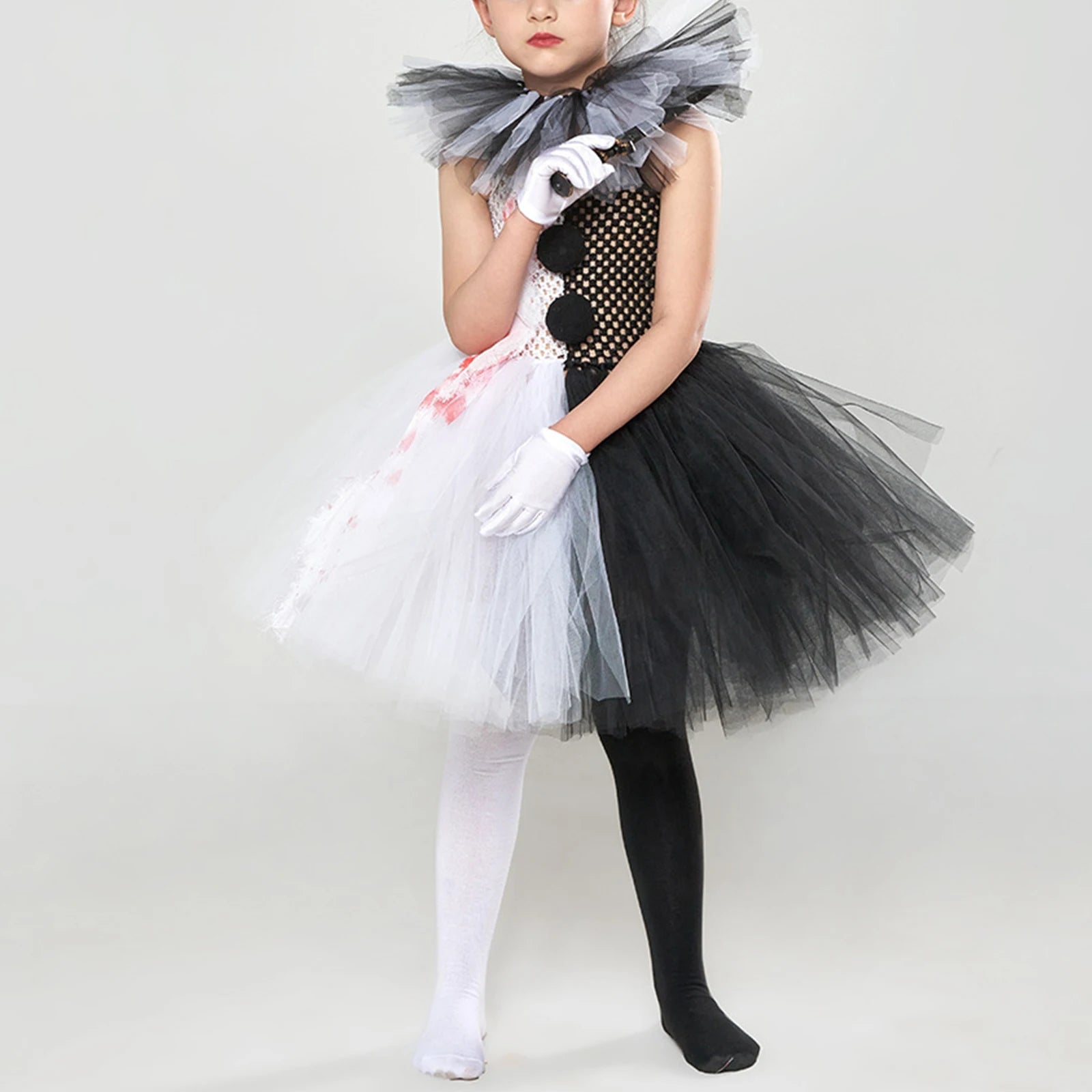 Halloween Clown Dress Bloodstained Black and White Colorblocking Girls Cosplay TUTU Dress Costume Good Vibrations