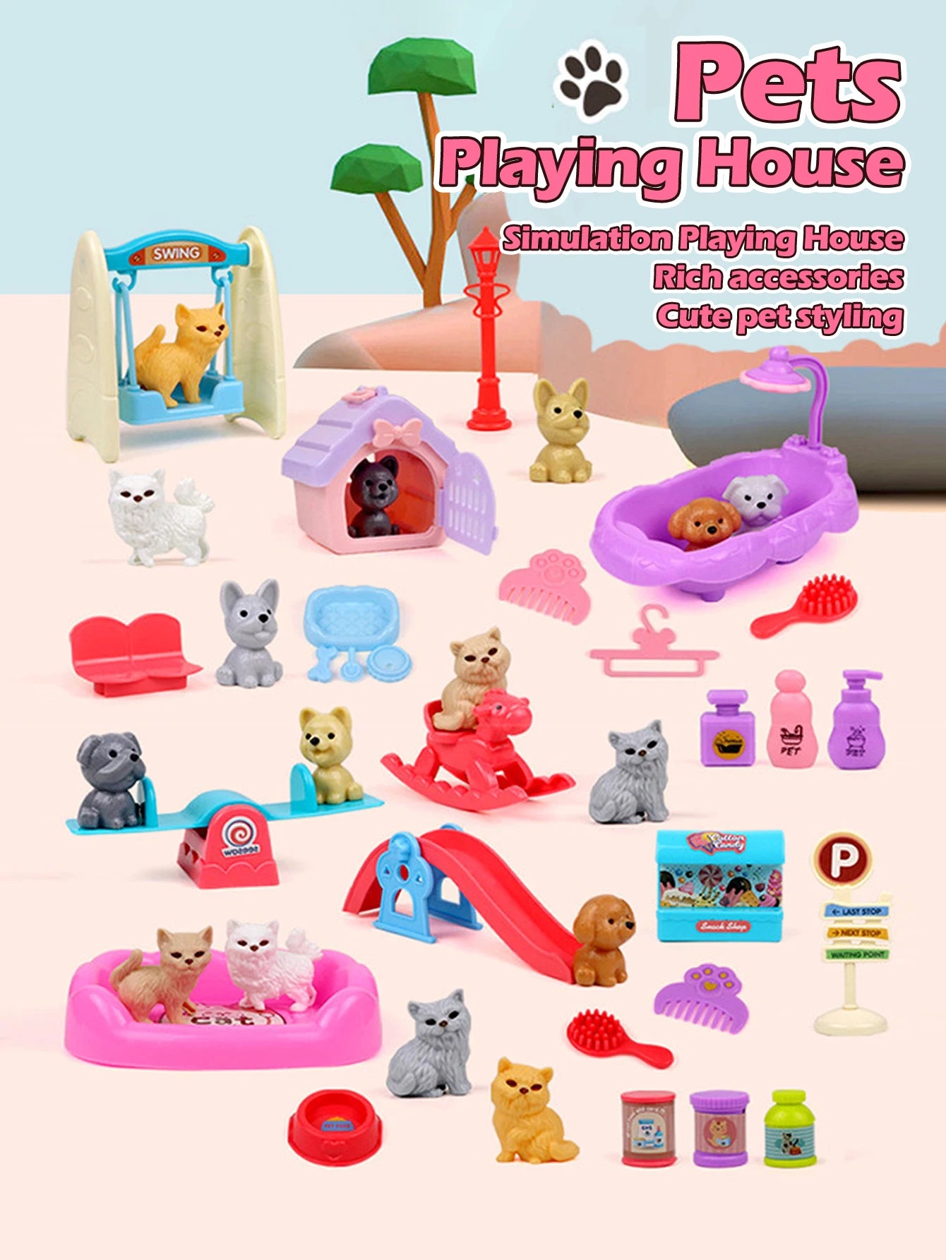 Mini doll pet accessory set, children's playhouse toy pet set, cat and dog bath, park, scene set, birthday and Christmas gifts Good Vibrations