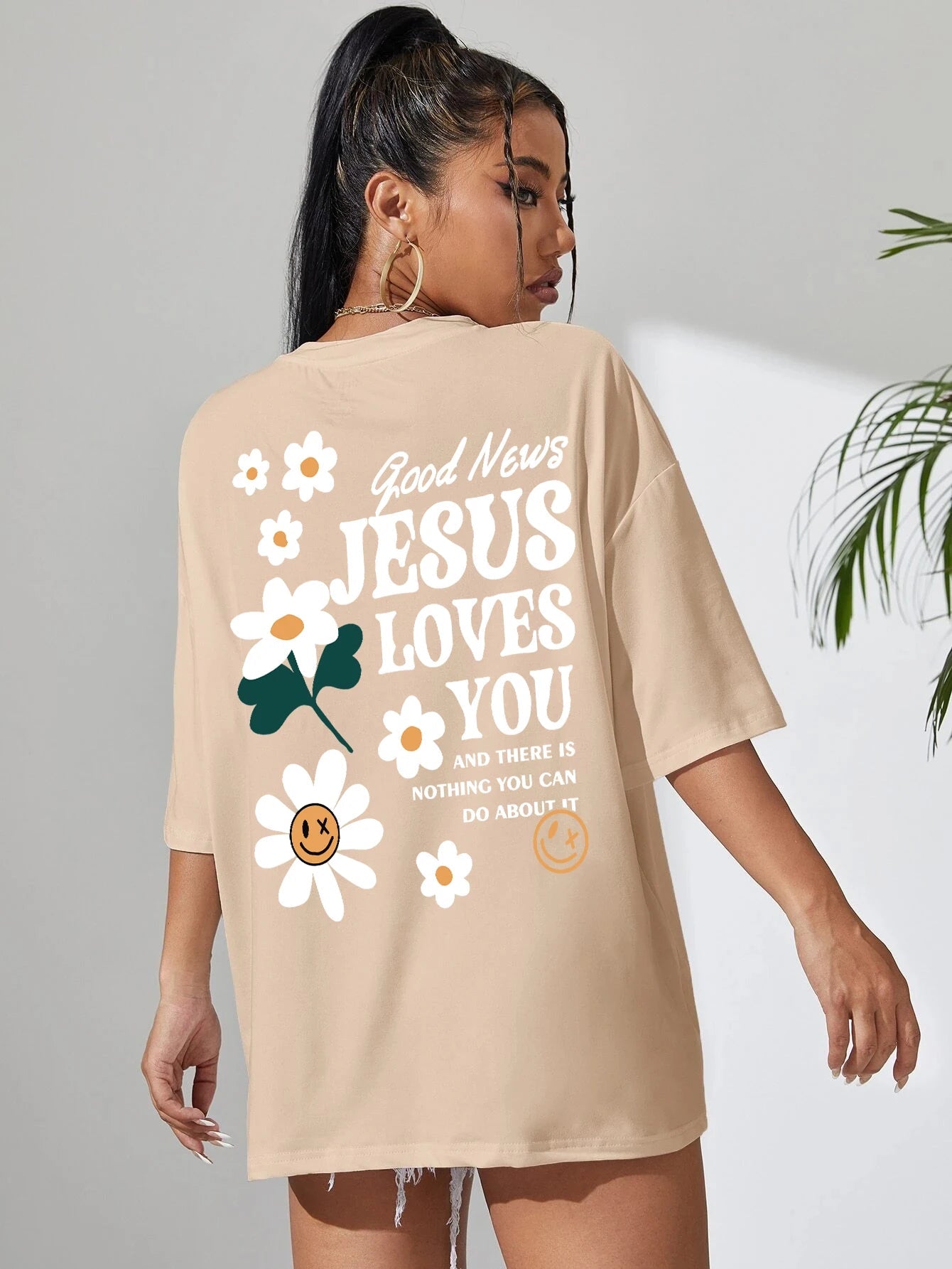 Good News Jesus Loves You Print Women T-Shirt Summer O-Neck T Shirts Basic All-Match Short Sleeve Breathable Comfortable Tops Good Vibrations