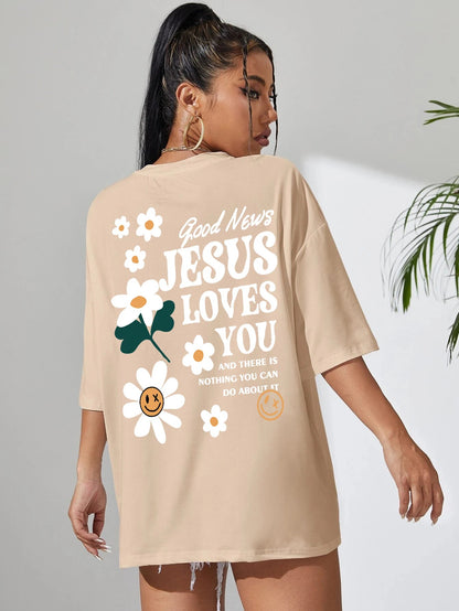 Good News Jesus Loves You Print Women T-Shirt Summer O-Neck T Shirts Basic All-Match Short Sleeve Breathable Comfortable Tops Good Vibrations