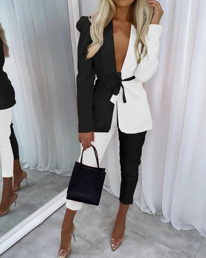 Womens Two Piece Sets Outfit Colorblock Shawl Collar Tie Front Blazer & Pants Set 2023 Autumn Winter Spring New Fashion Casual Good Vibrations