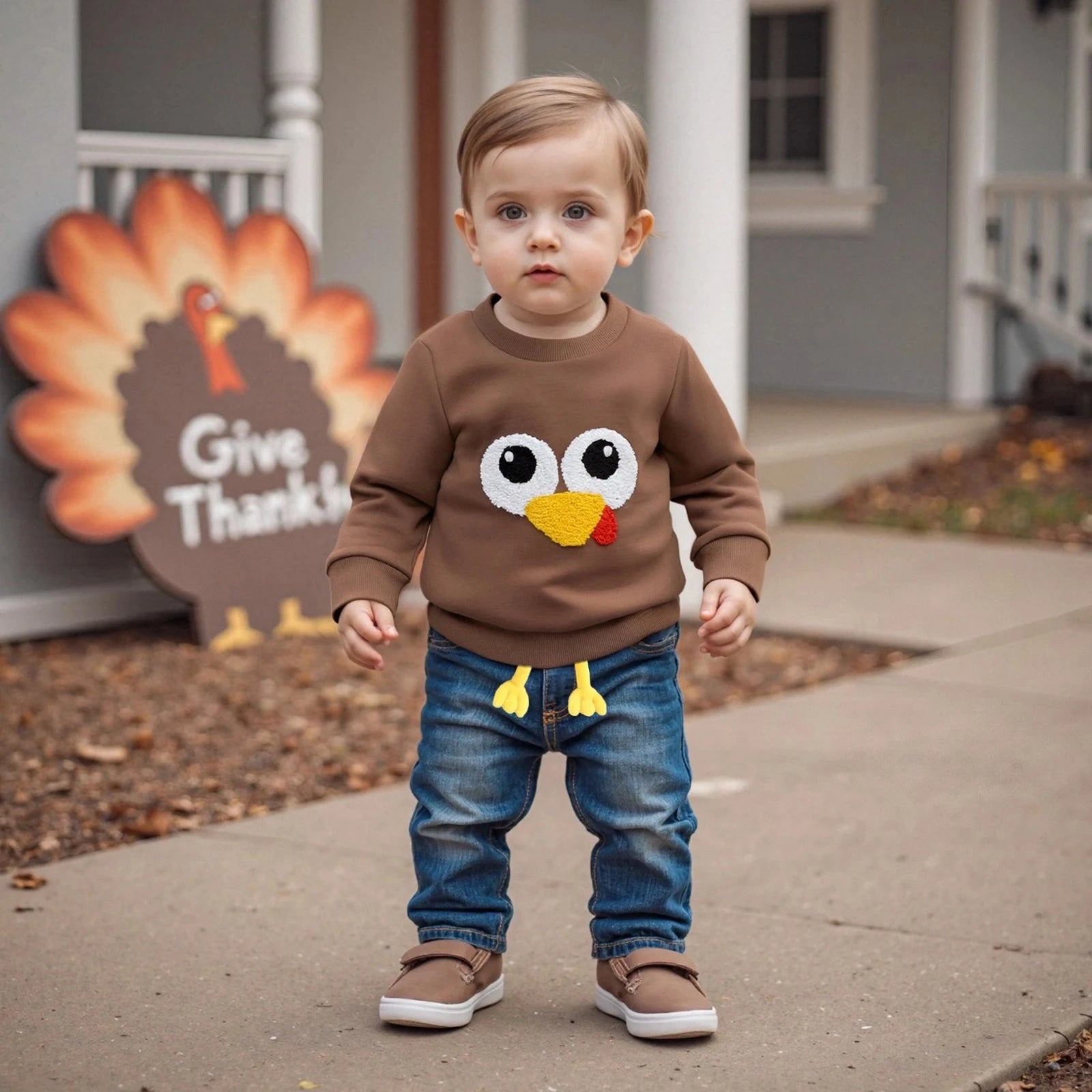 Little Boys Thanksgiving Day Sweatshirts Long Sleeve Round Neck Cartoon Turkey Pullover Good Vibrations