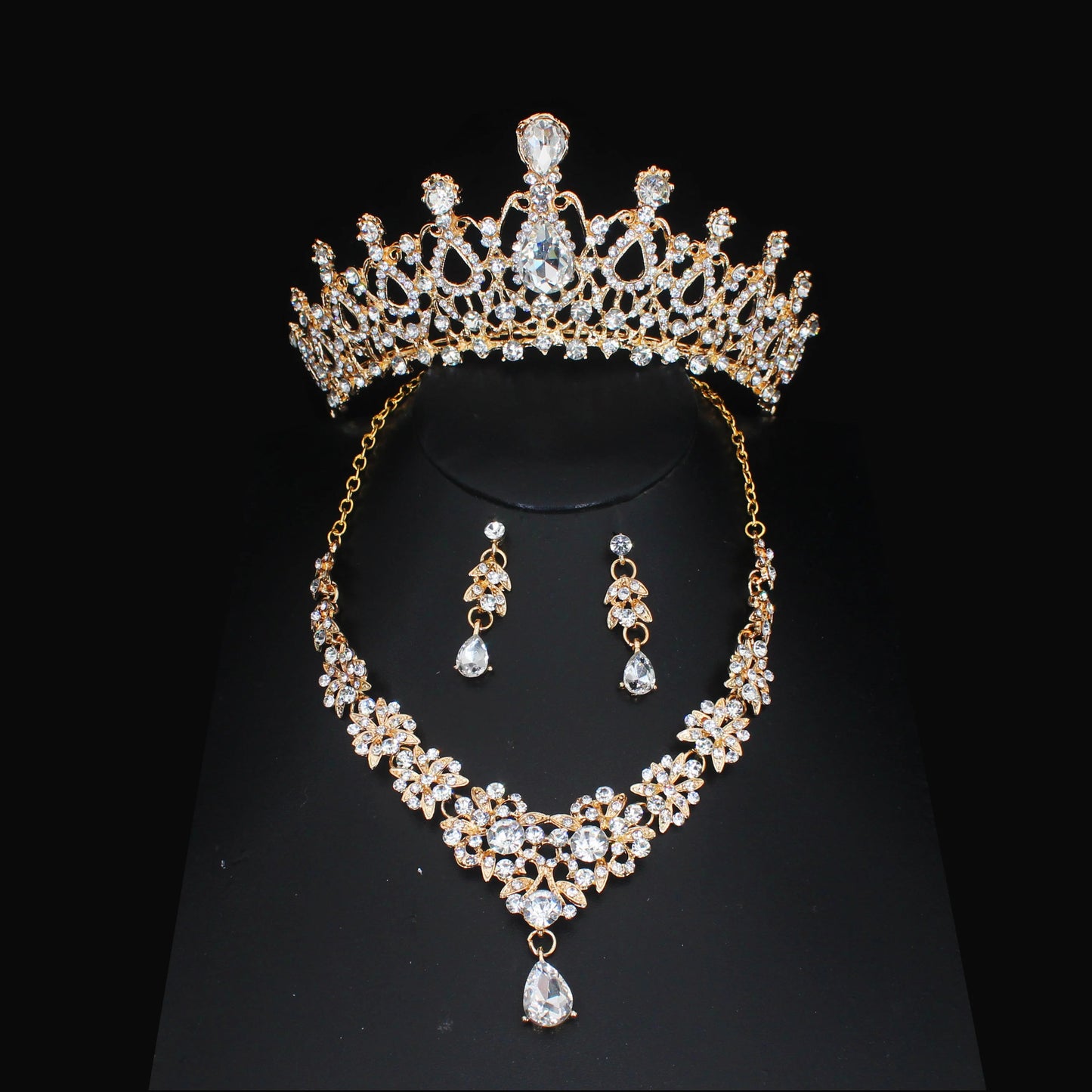 Luxury Crystal Wedding Bridal Jewelry Sets Women/Girl Gold Color Tiara/Crown Earrings Choker Necklace Bride Jewelry Set Good Vibrations Adult Super Store