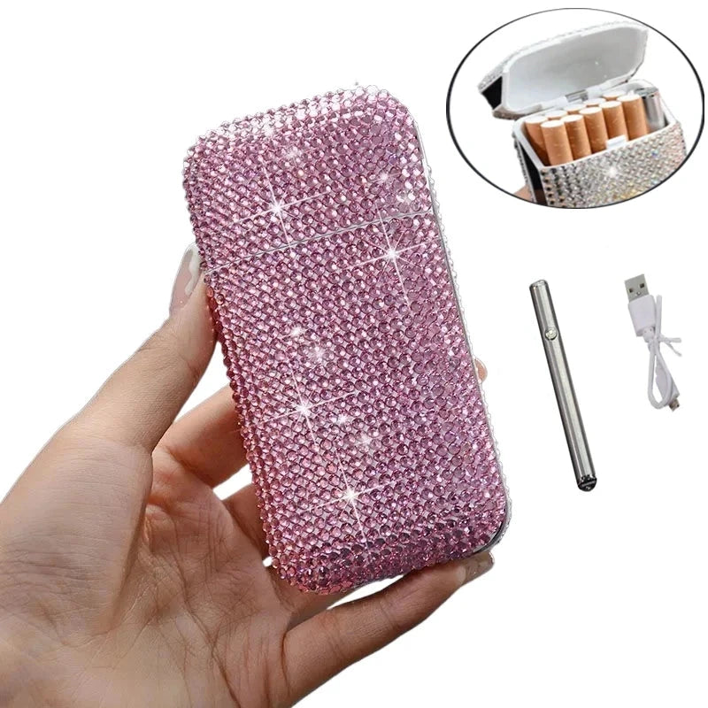 Luxury Rhinestone Cigarette Box with USB Charging Lighter Windproof Portable Smoking Accessories Fashionable Women's Gift Good Vibrations Adult Super Store