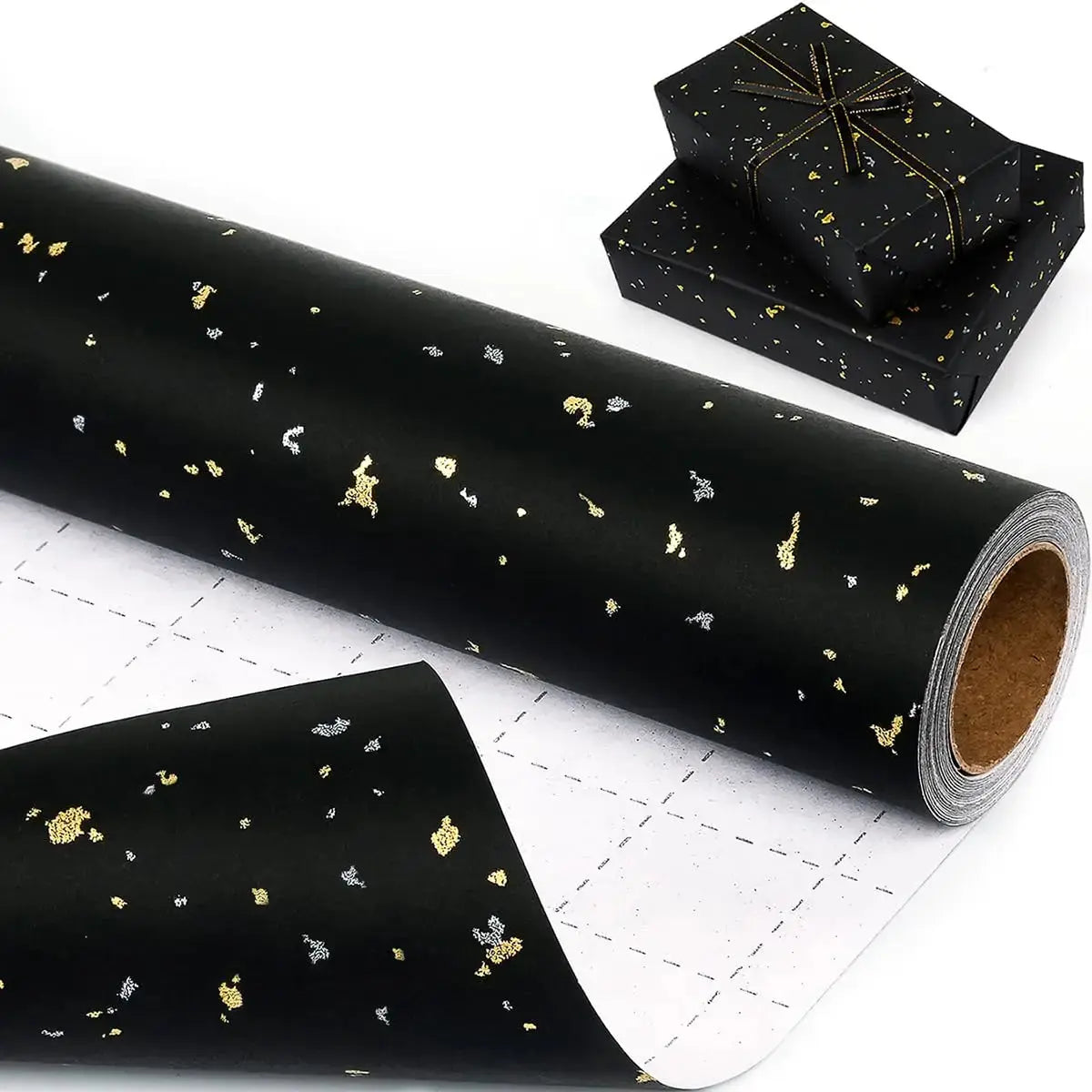 Gift Wrapping Paper Roll, 1 Roll 17inch x 120inch, Black Gold Foil Design for Holiday, Birthday, Wedding, Party Good Vibrations