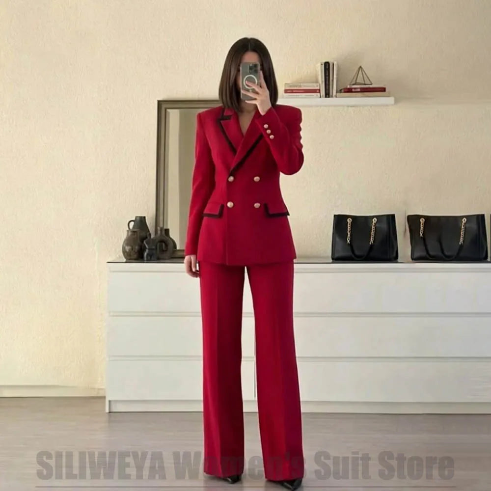 Women's Red Suit Two Piece Set Double Breasted Blazer with Black Trim and Pants Elegant Formal Fashion Daily Casual Party Tuxedo Good Vibrations